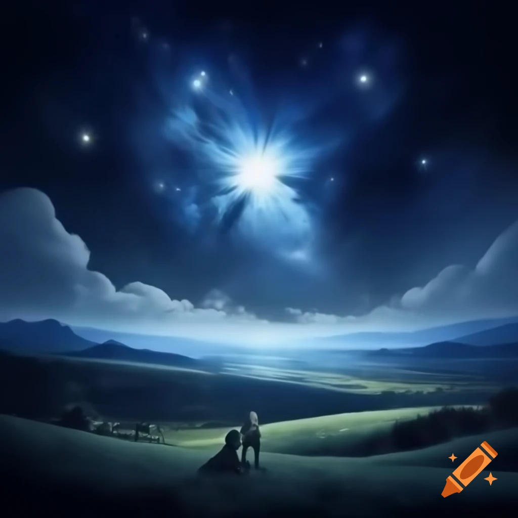 Starry night scene with bright star, shepherds, and rolling hills