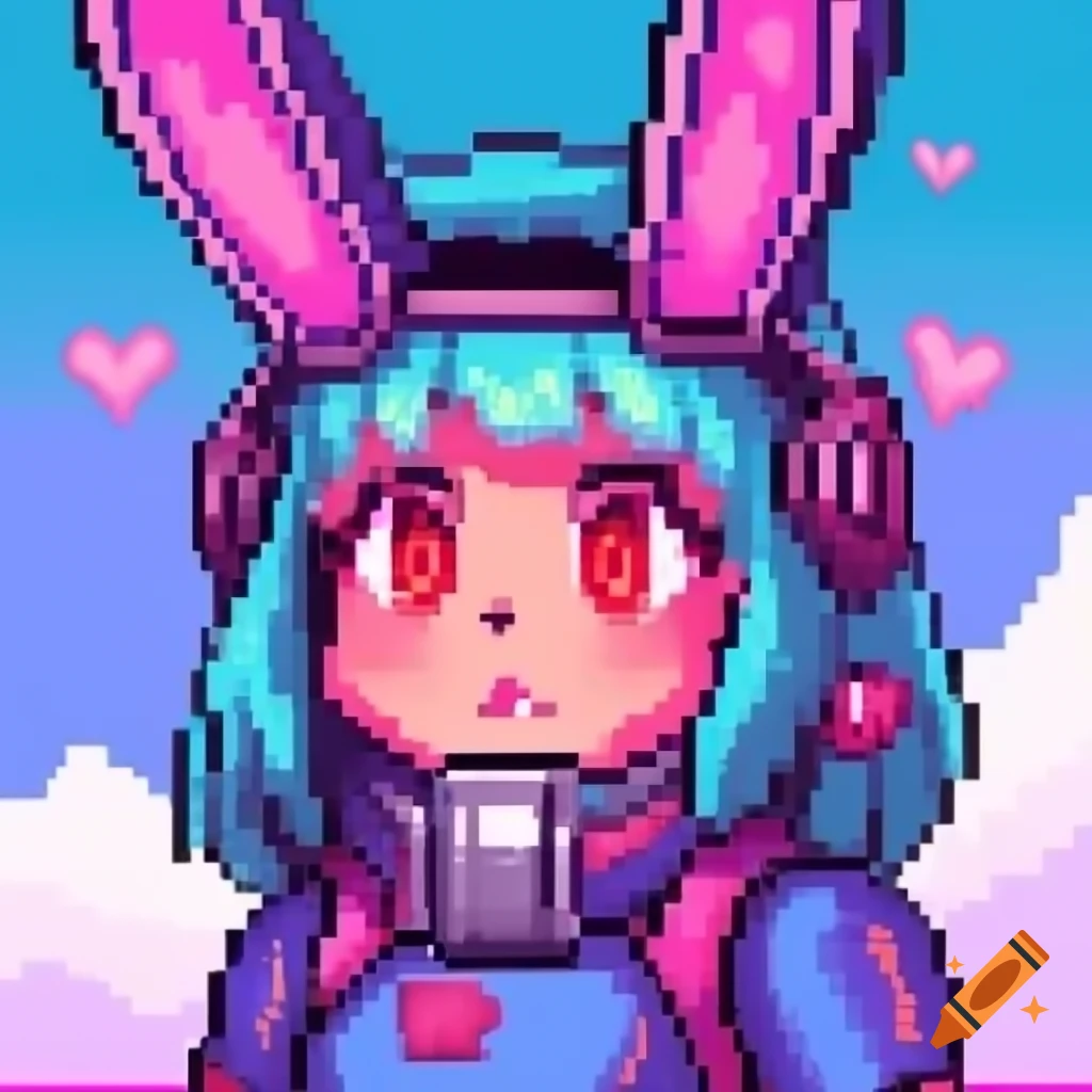 Pixel art of robot girl and bunny girl in 32 bit style