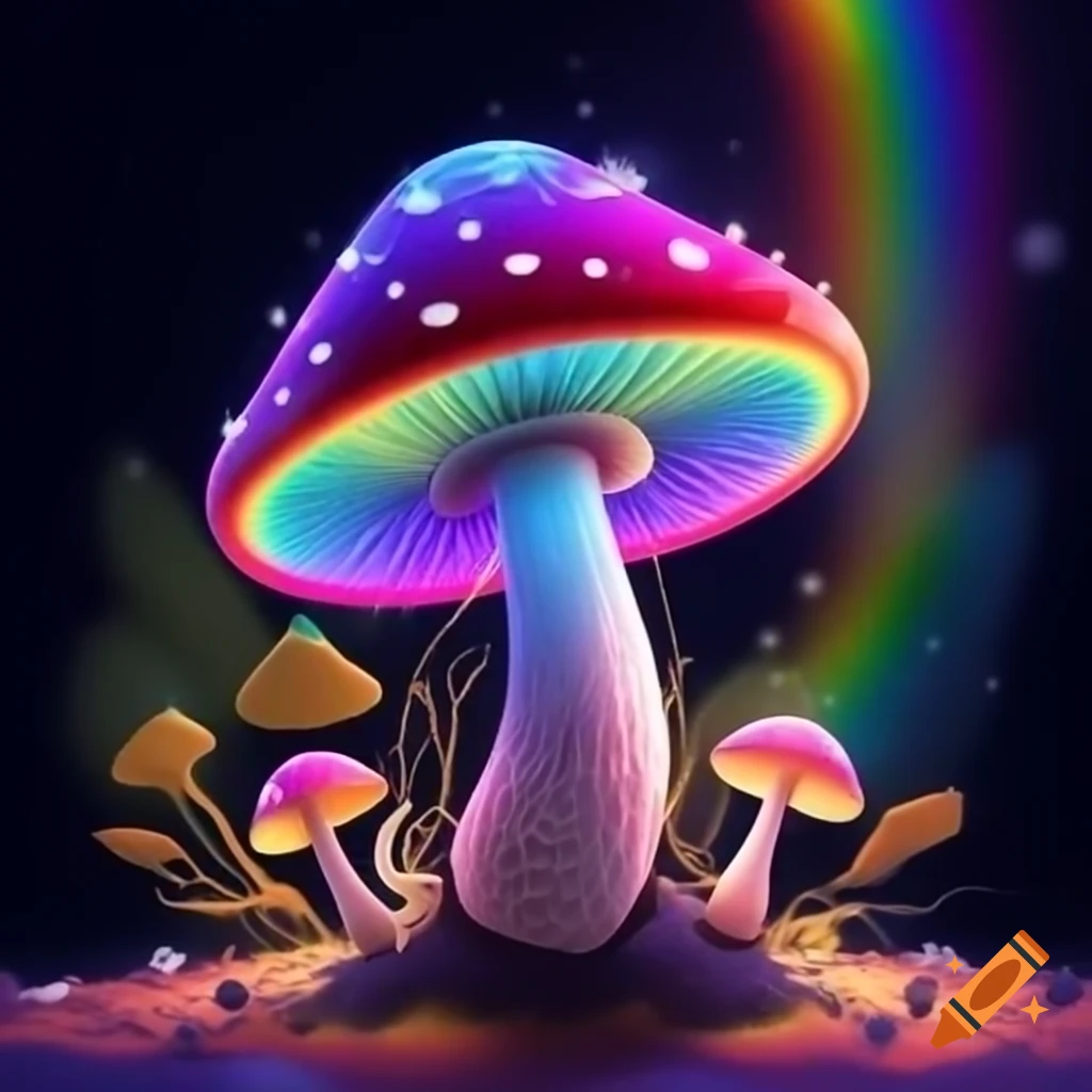 Mushroom illuminated by rainbow light