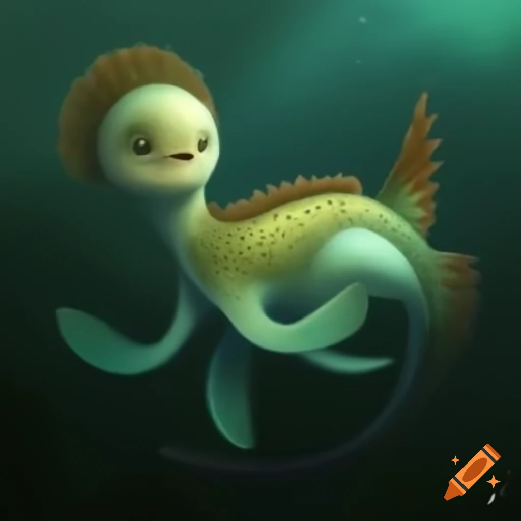 Imaginary amphibious creature with scales and puppy-like face, hybrid of seahorse and crocodile