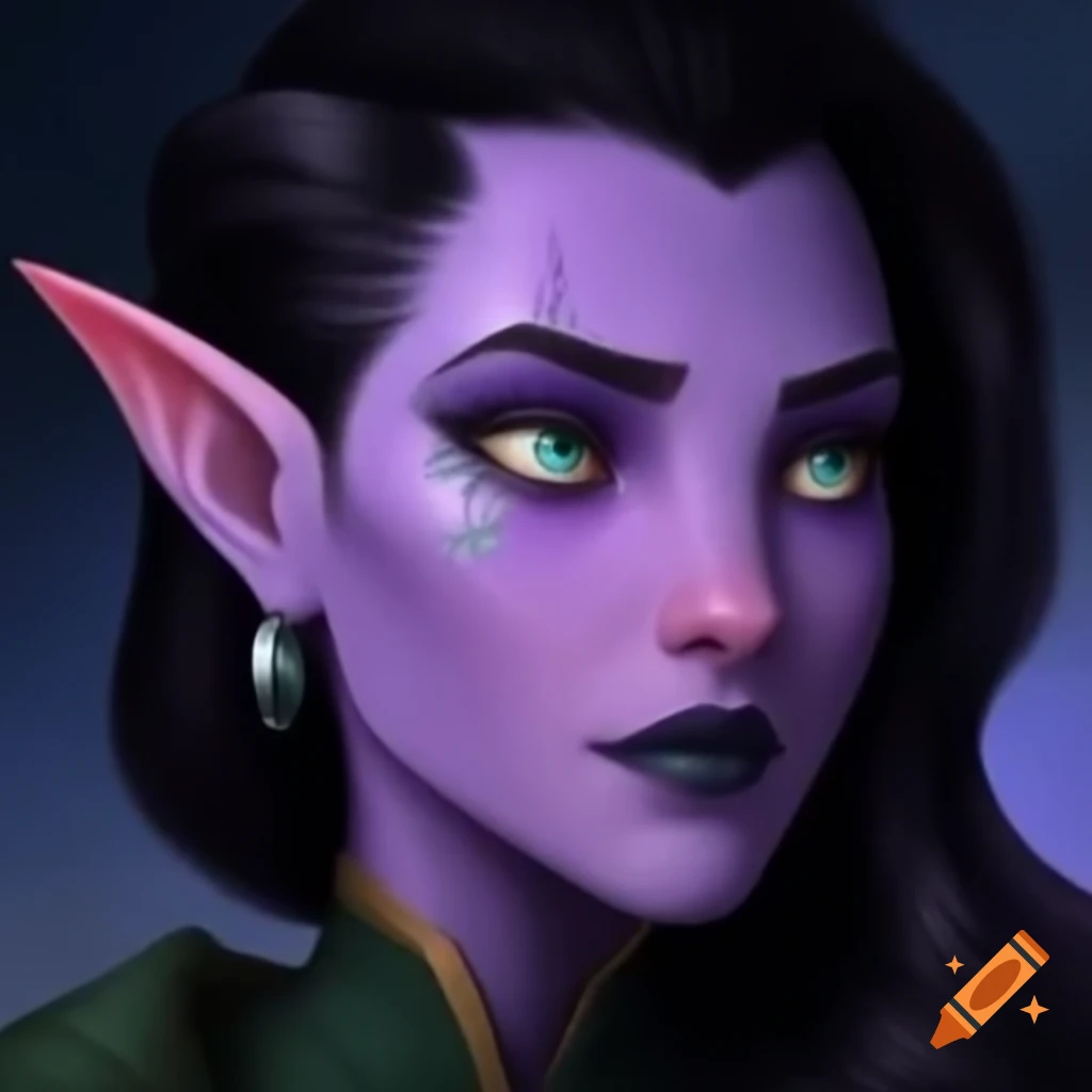 Moon elf rogue with lavender skin, black hair, and face tattoos