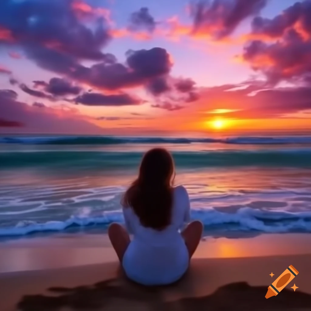 Woman sitting on beach watching colorful sunset and crashing waves