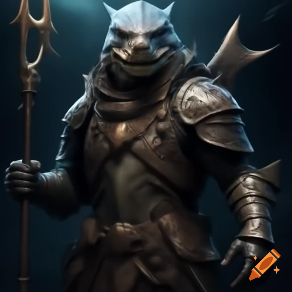 Shark knight in heavy armor holding trident in fighting stance