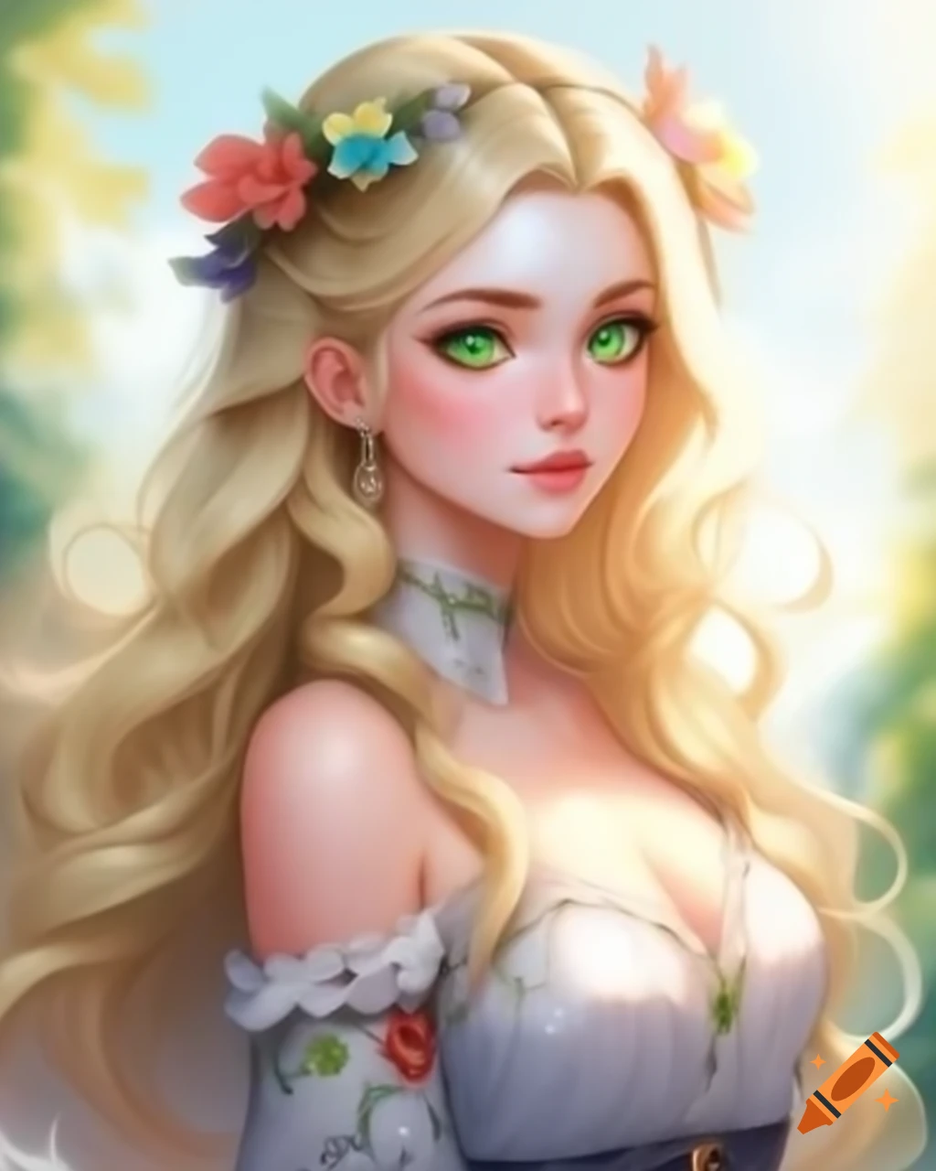 Anime-style portrait of a woman with flower crown and floral dress