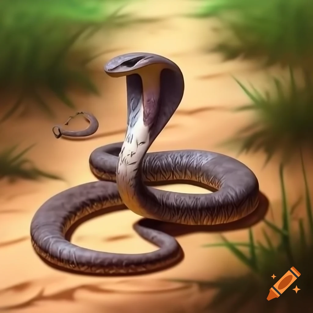 Coiled snake with raised head on sandy path through vegetation, high quality painting