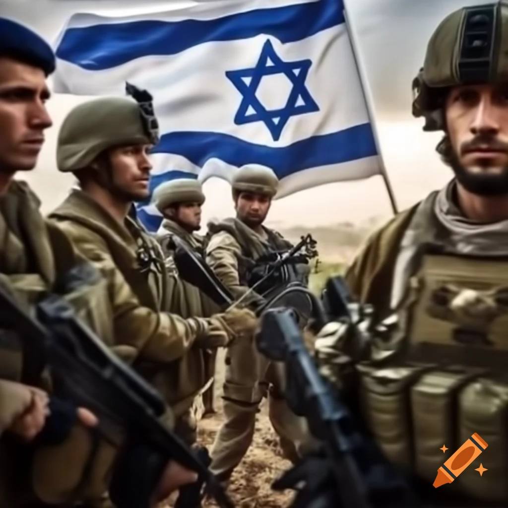 Israeli army with flag during military conflict