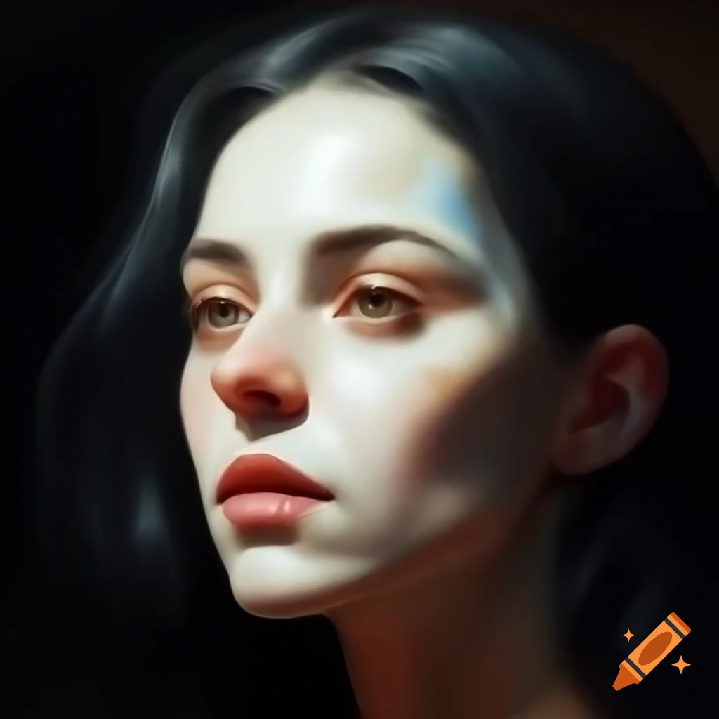 Portrait of a pale female creature with black hair on scratched wood canvas