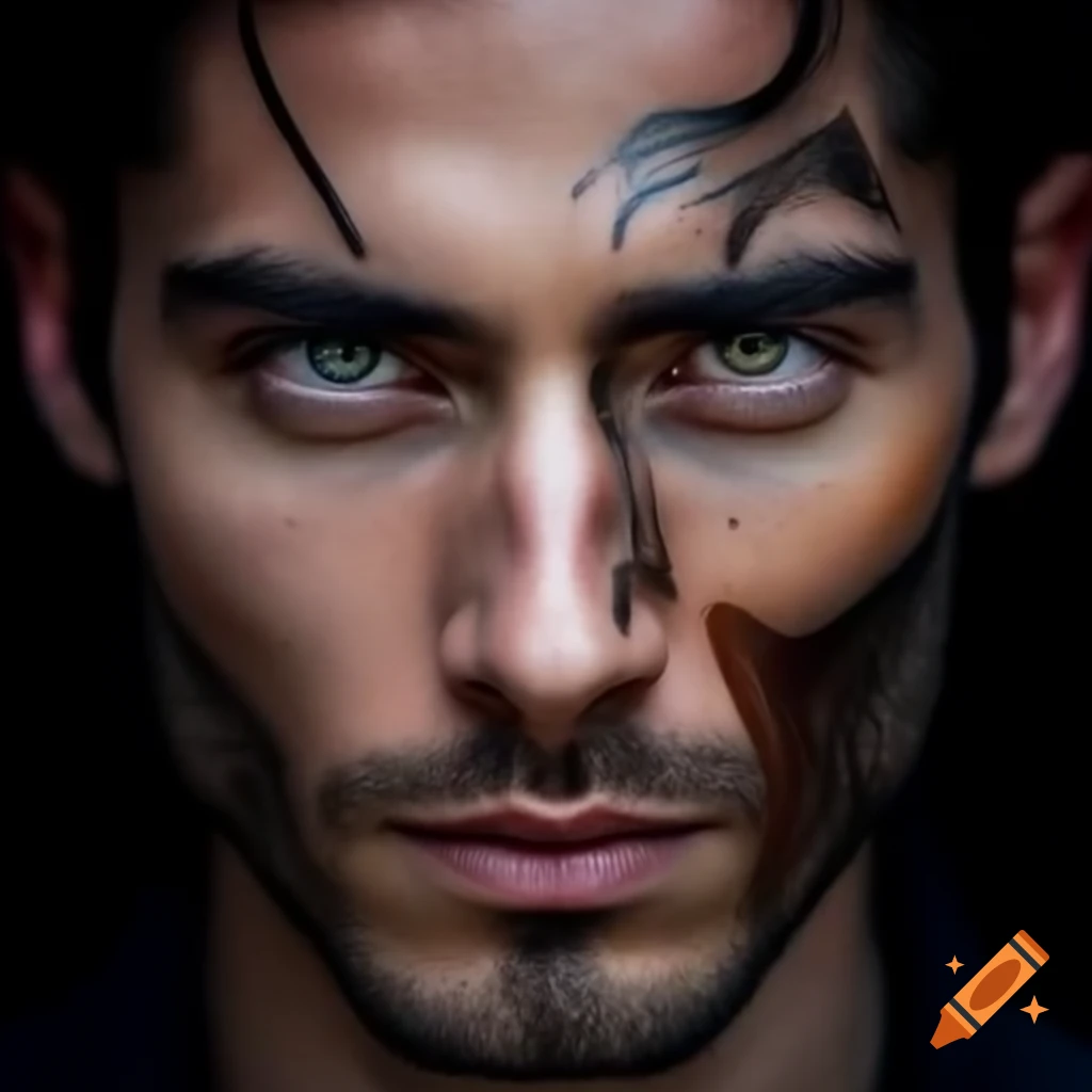 Close-up of a handsome man with dark hair, brown eyes, and a jaw scar