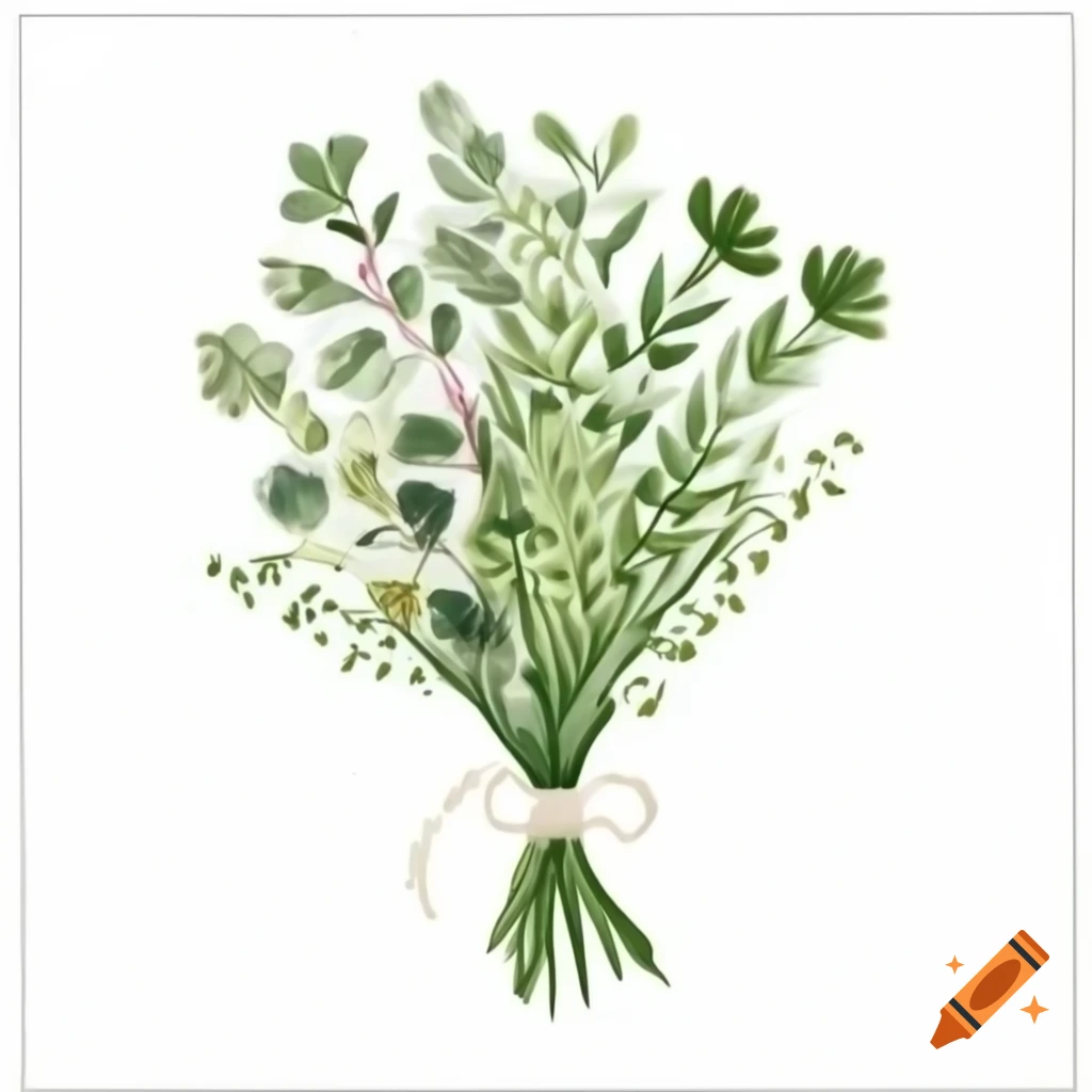 Watercolor illustration of a bouquet of herbs
