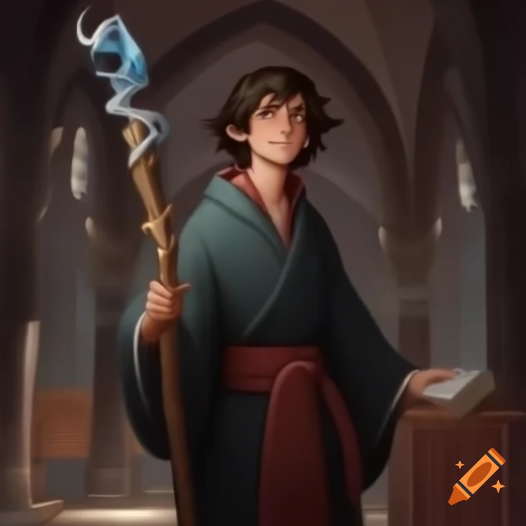 Cel-shaded young man in monastery holding gnarled staff, fantasy character