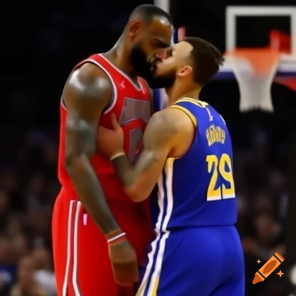 LeBron James and Stephen Curry sharing a kiss