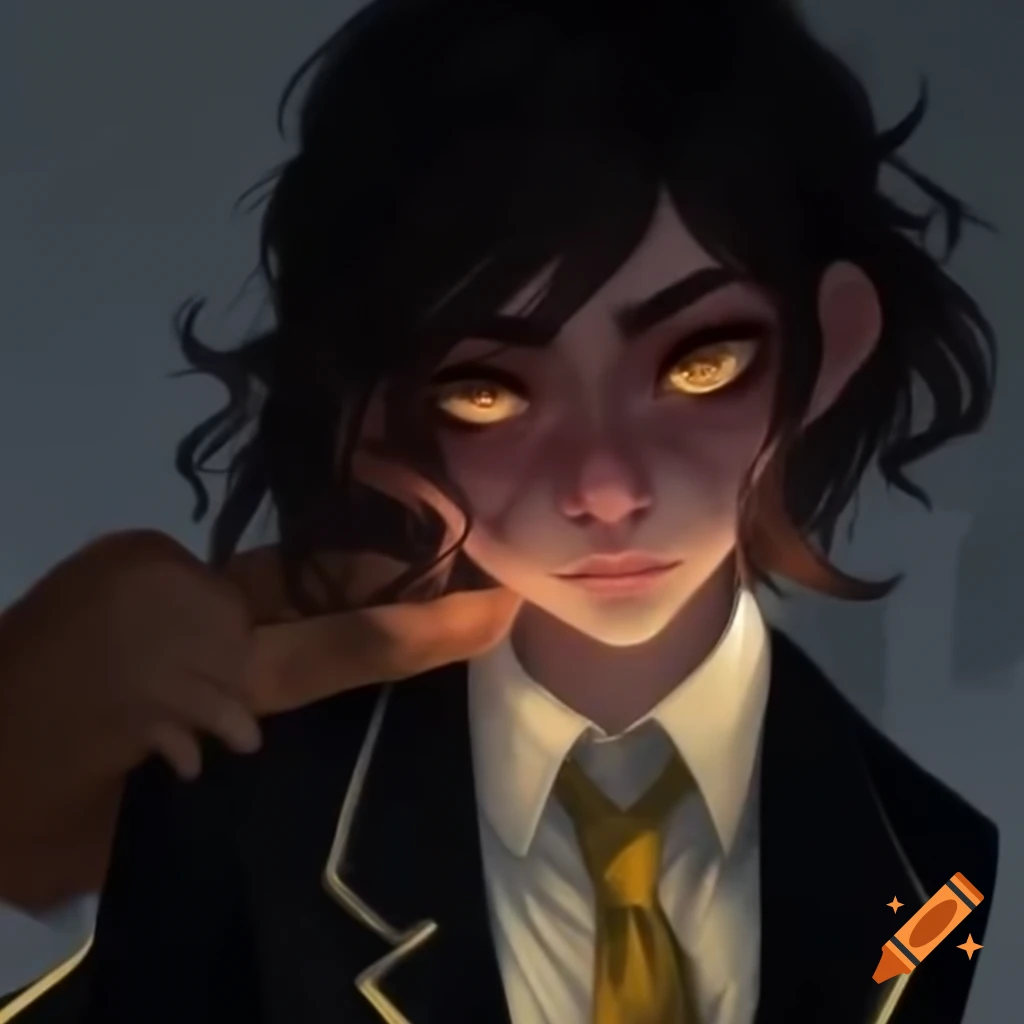 Nonbinary character with messy brunette hair, gold eyes, and a nose scar in a school uniform