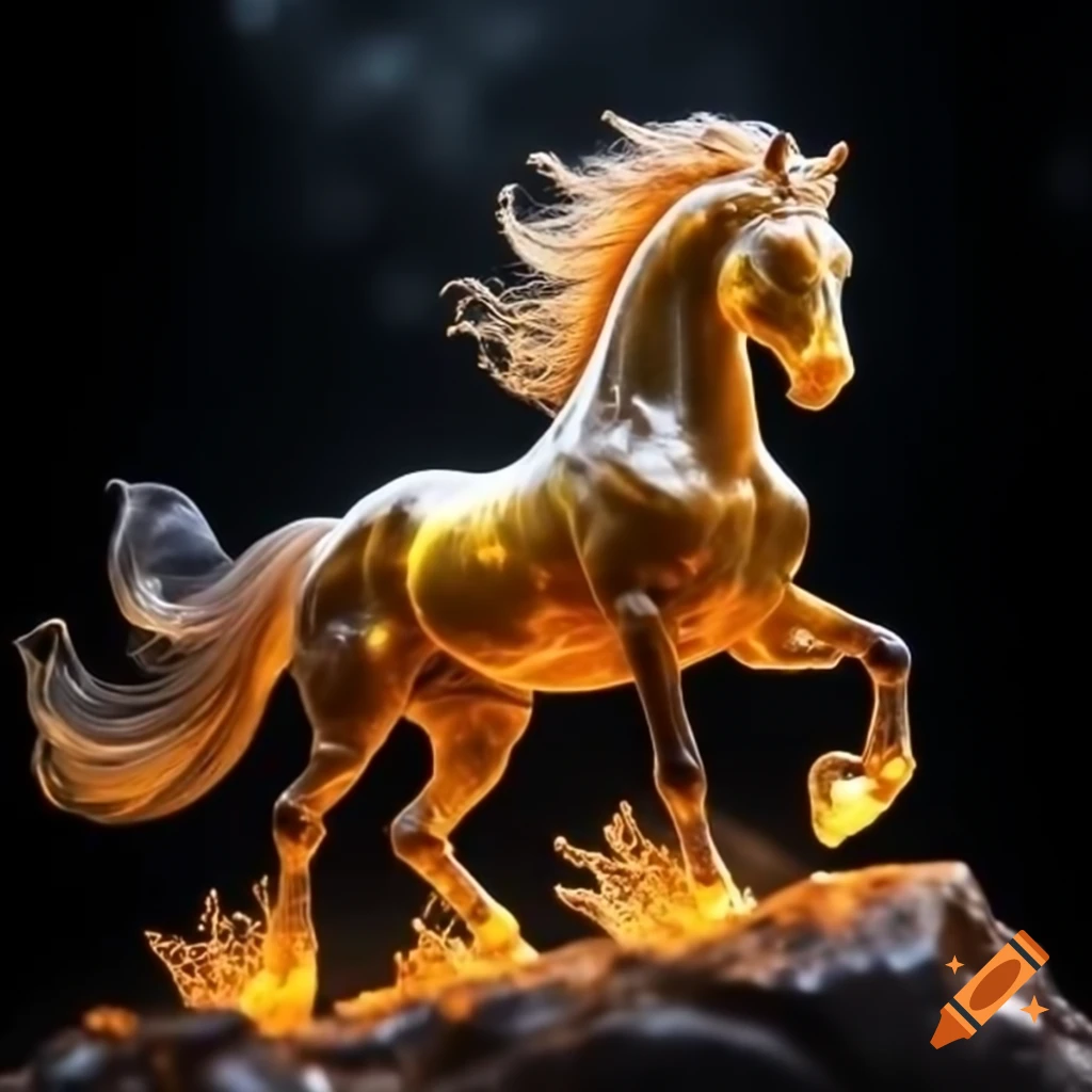 Amber horse sculpture with flowing mane in dramatic lighting
