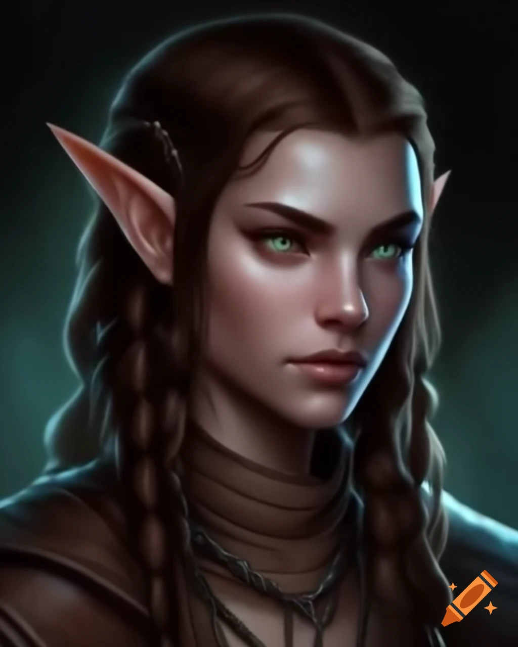 Half-elven archer with brown hair and eyes wearing leather and chain armor