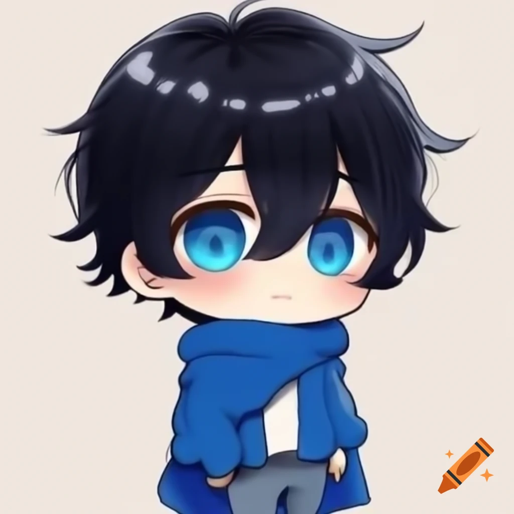 Chibi anime boy with black hair, blue eyes, and blue outfit