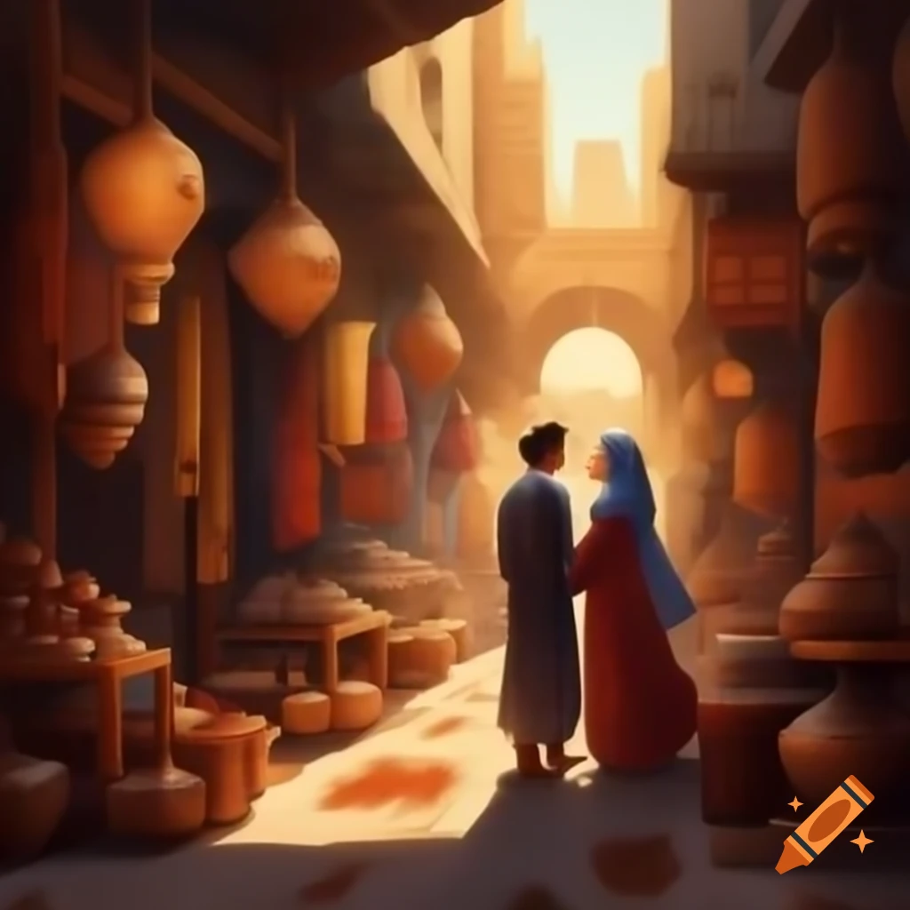 Enchanting ancient Arabian market scene with young couple in love