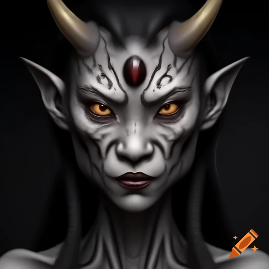 Hyperrealistic Japanese female demon with big eyes and stern expression in greyscale