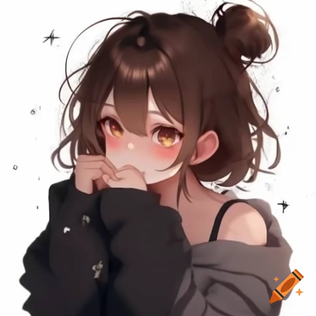 Shy anime woman with brown hair in messy bun wearing hoodie and scarf, blushing