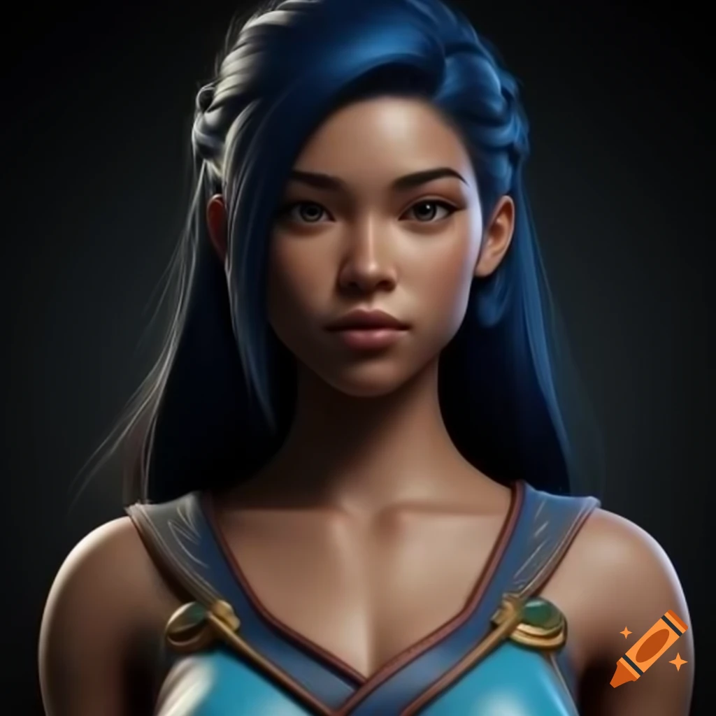 3D character design of young woman in karate kimono with dark blue hair