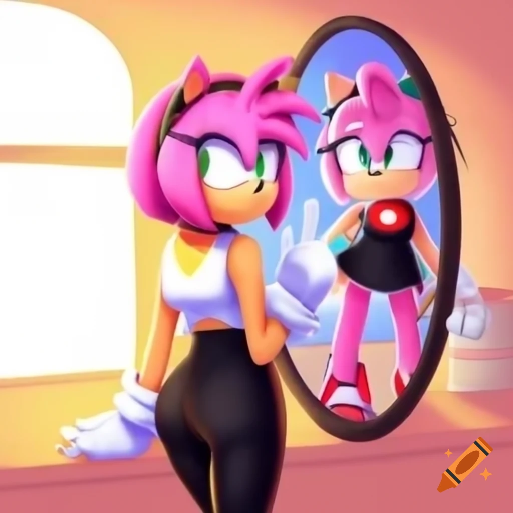 Amy Rose from Sonic the Hedgehog looking in the mirror wearing stylish outfit
