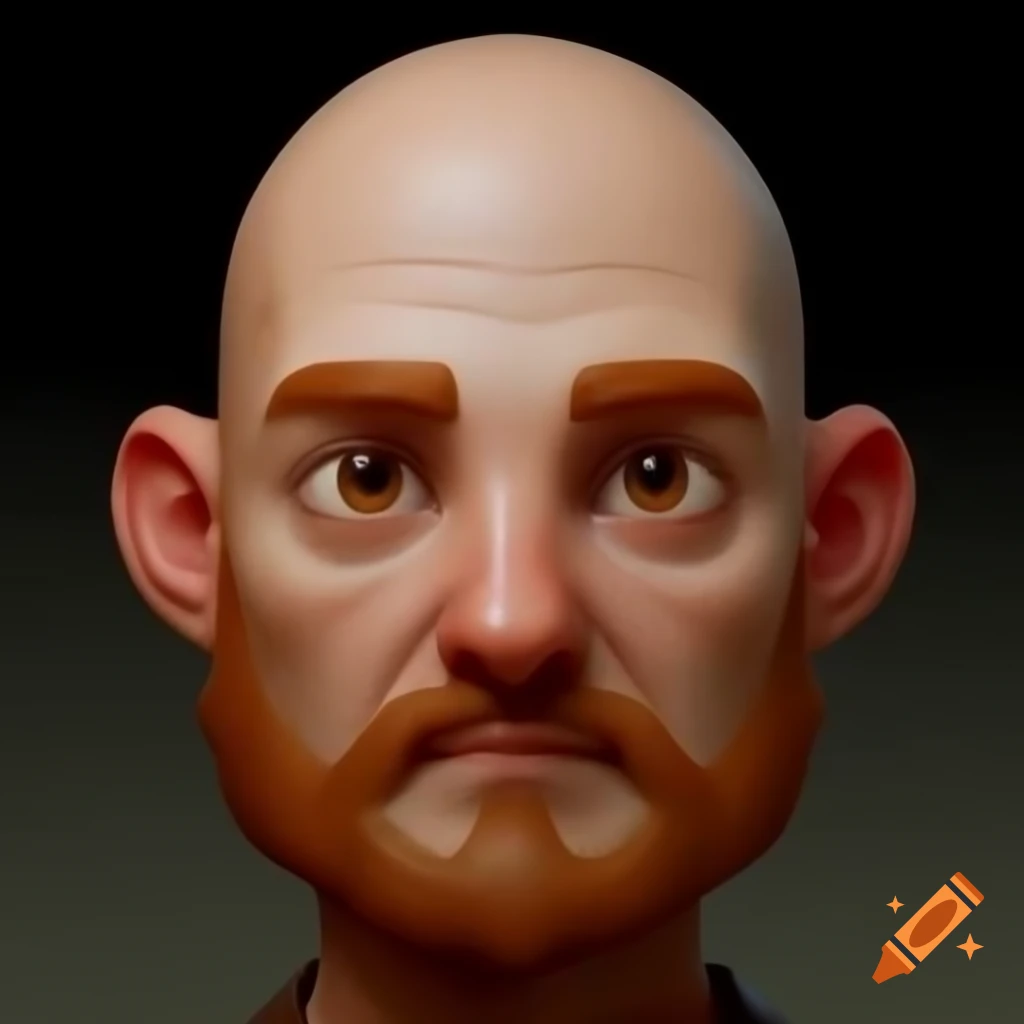 2D avatar of a bald man with ginger stubble and brown eyes