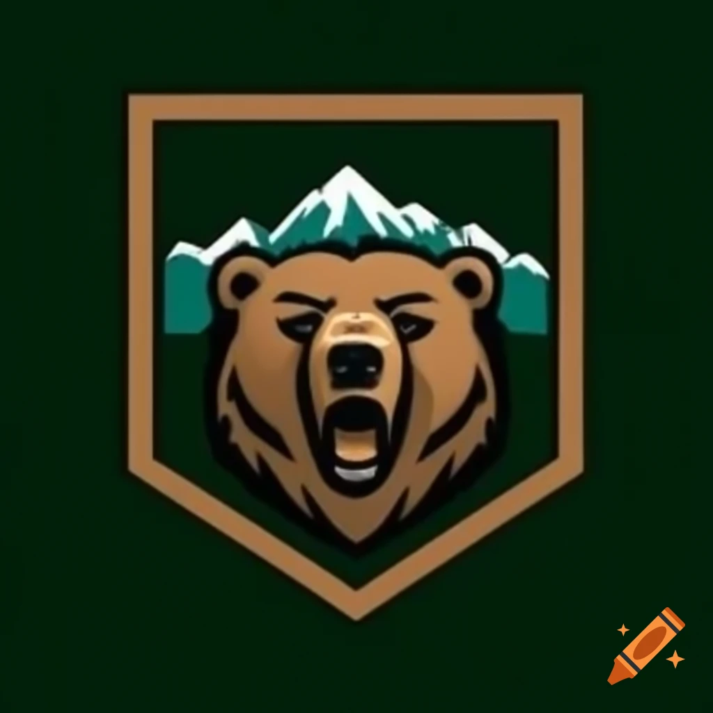 Logo featuring grizzly bear head with mountains in Alaska style colors