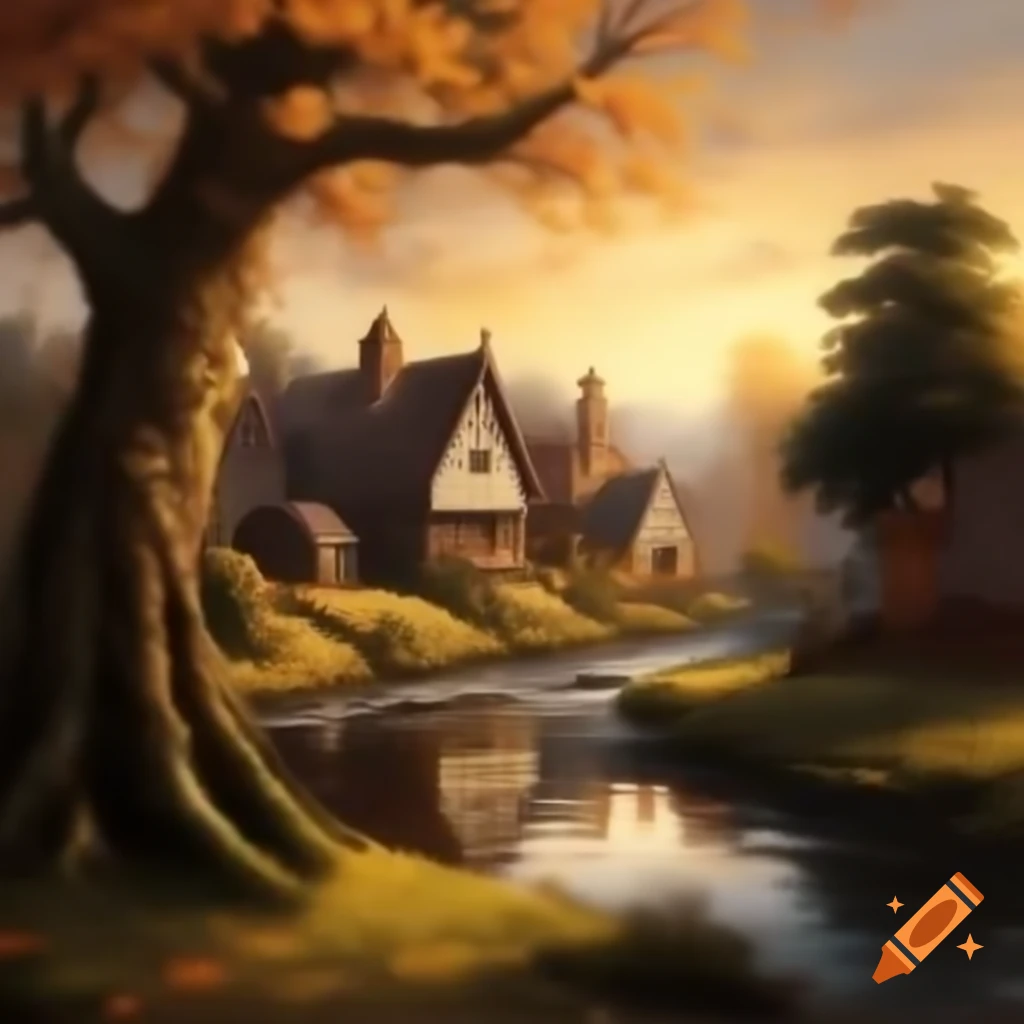 Expressionistic oil painting of medieval English woodland village at sunset
