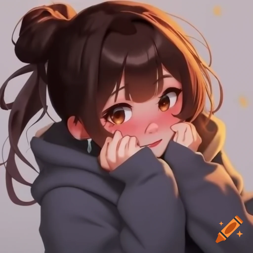 Shy anime woman with brown hair in messy bun wearing hoodie and scarf, blushing