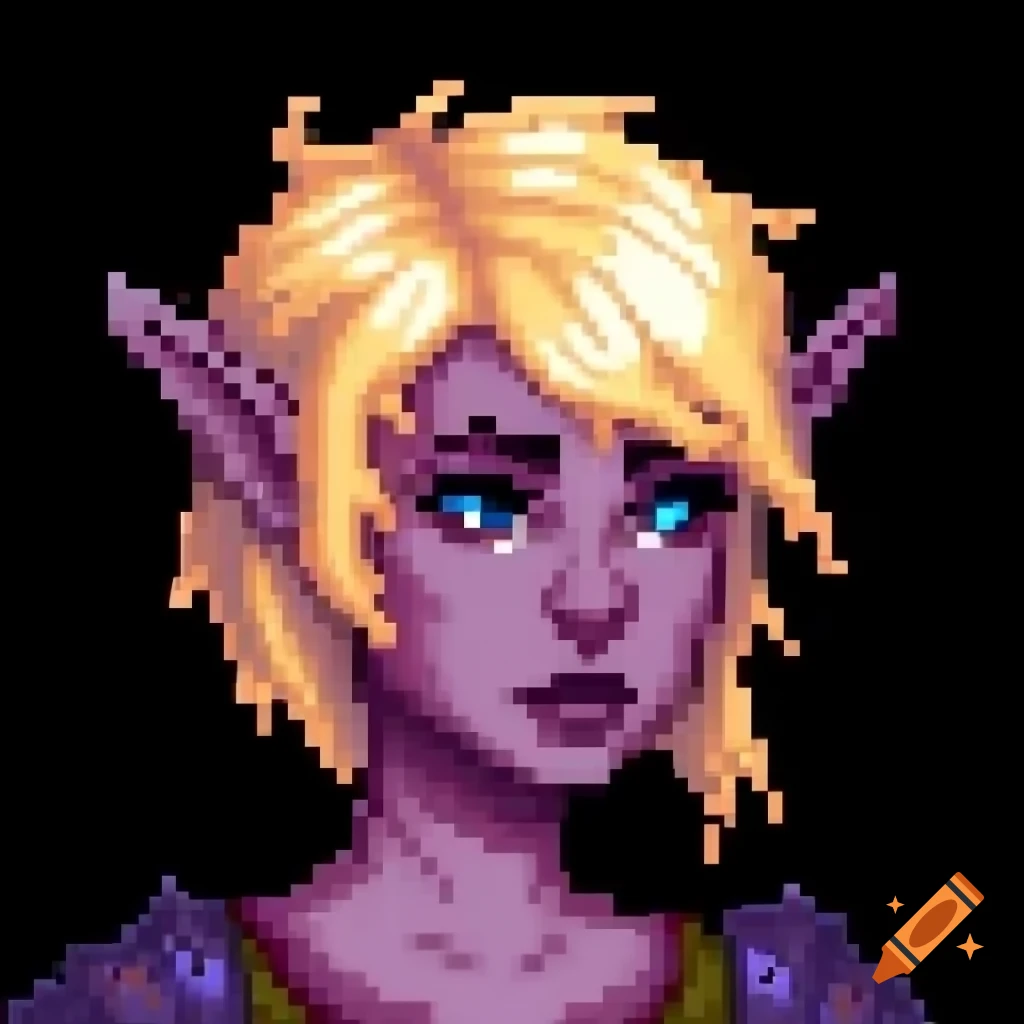 Pixel art portrait of female night elf with ash blonde wolfcut