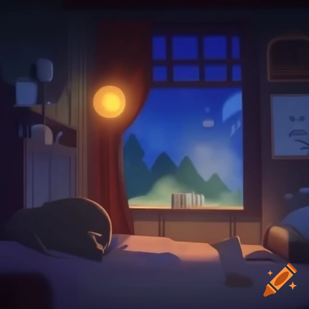 Cozy room with soft lighting and starry night sky visible through window
