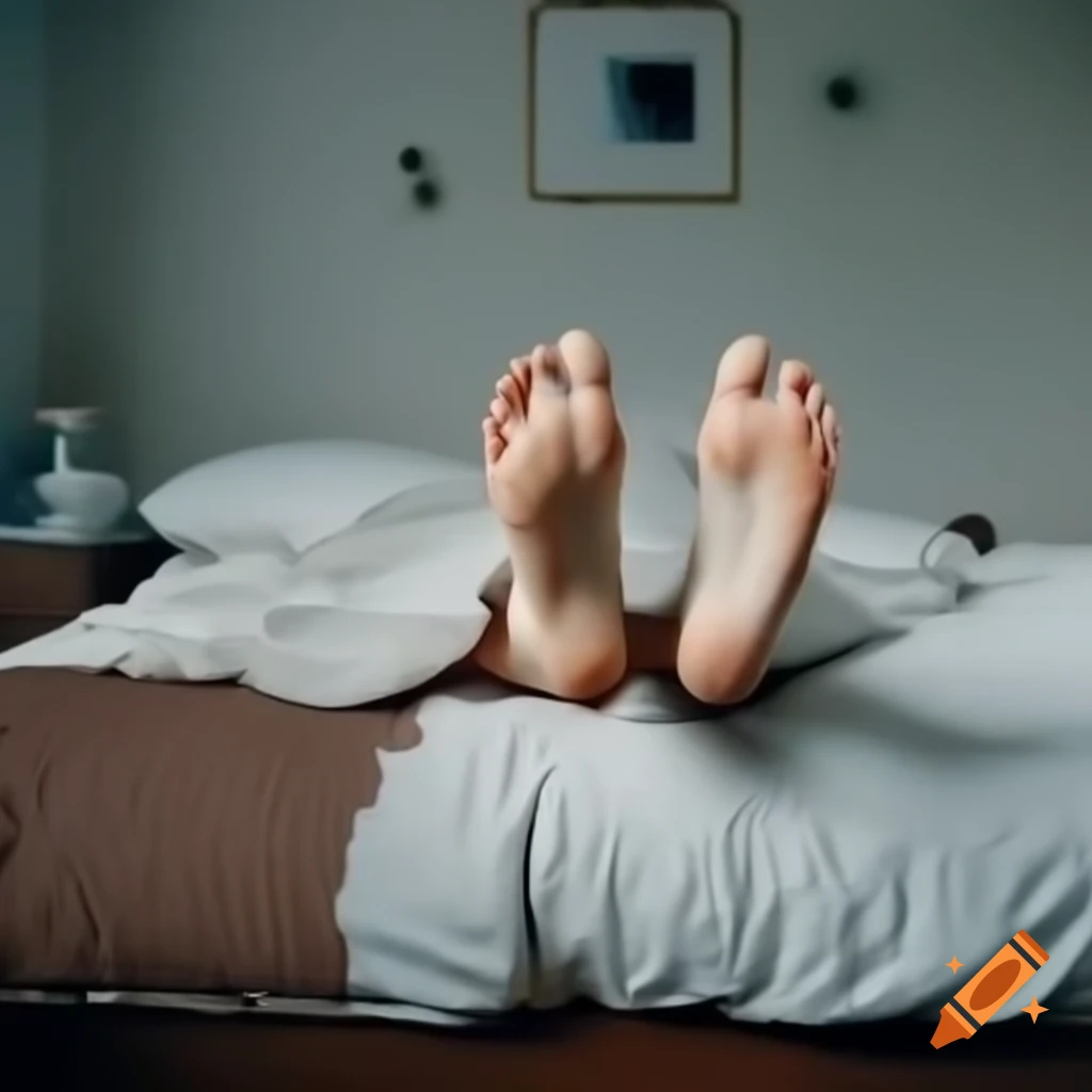 Well-manicured foot with painted toes on edge of a bed in tidy bedroom