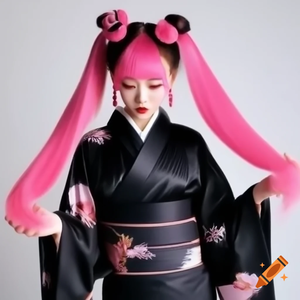 Woman with four arms and long pink hair in black kimono with cherry blossom print and Chinese hat