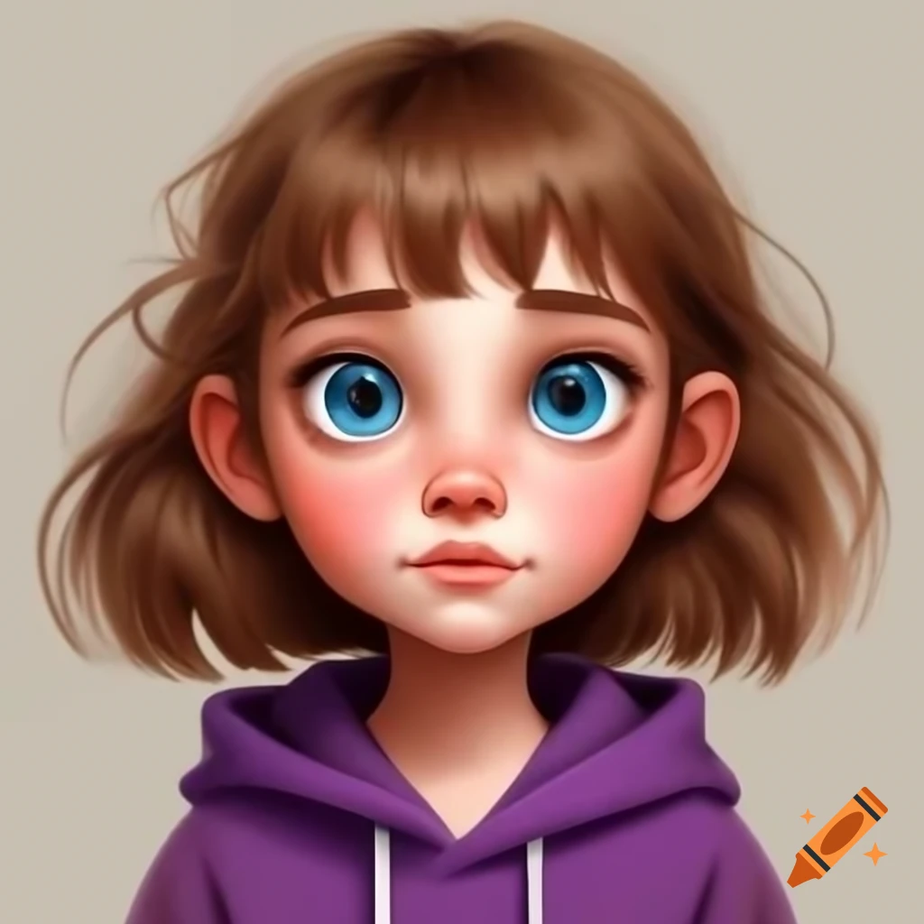 Young woman with brown hair and blue eyes in purple hoodie and green pants