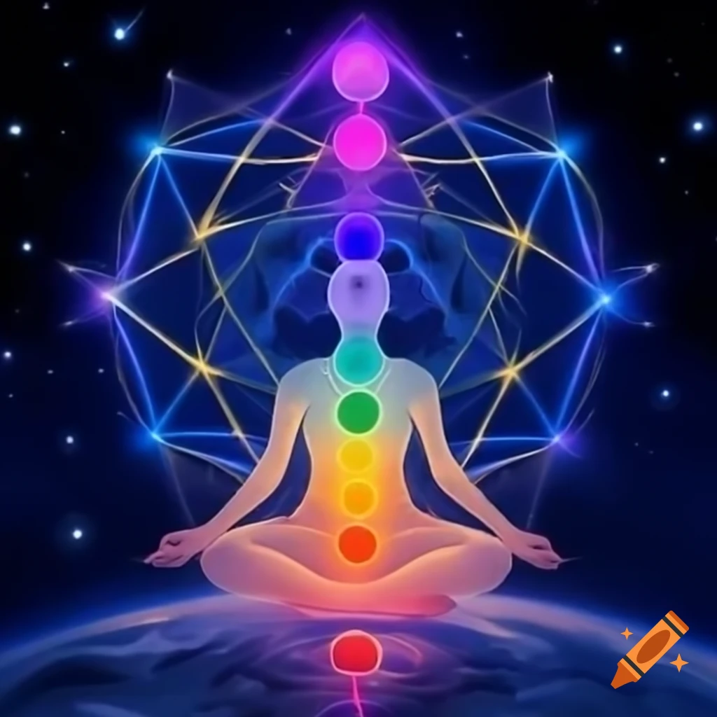 Album artwork of woman among stars with sacred geometry and glowing chakras
