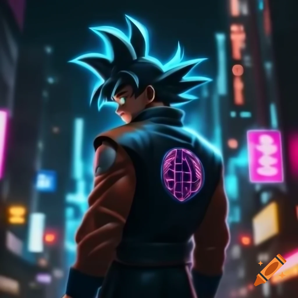Anime character inspired by Goku in cyberpunk style with electric blue hair and leather jacket
