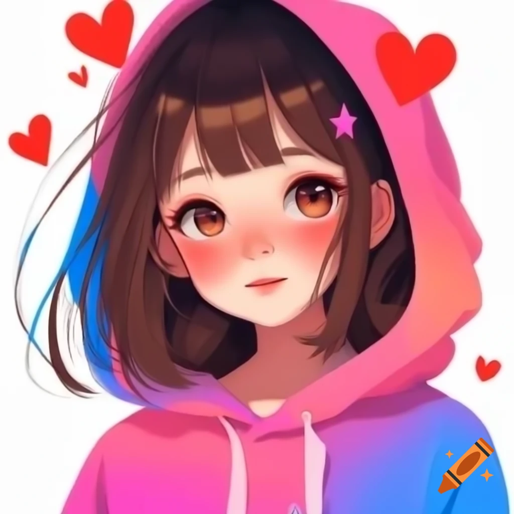 Anime girl with brown hair in ombré hoodie featuring pink and blue patterns with red hearts