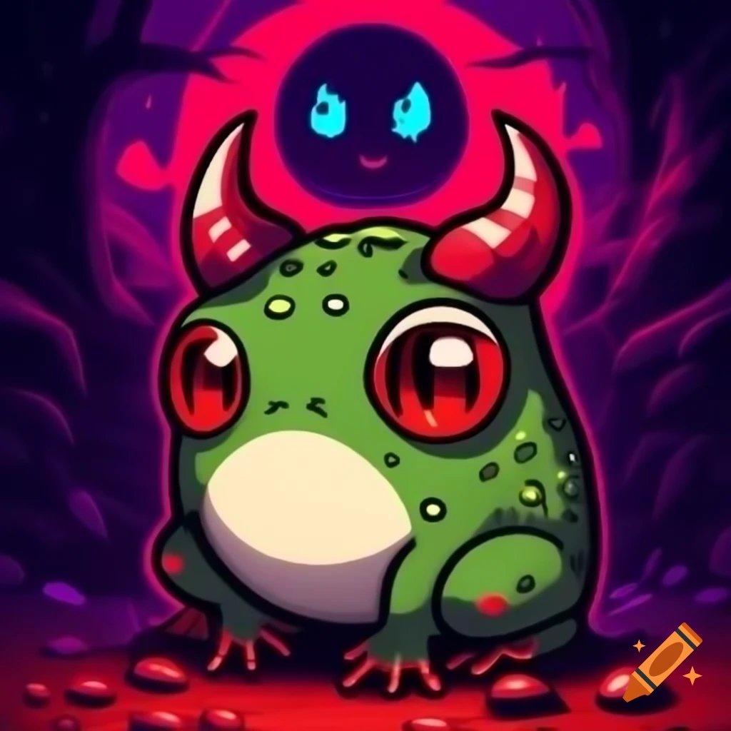 Cute devil horned frog in red and purple themed hell scenery, anime cartoon style