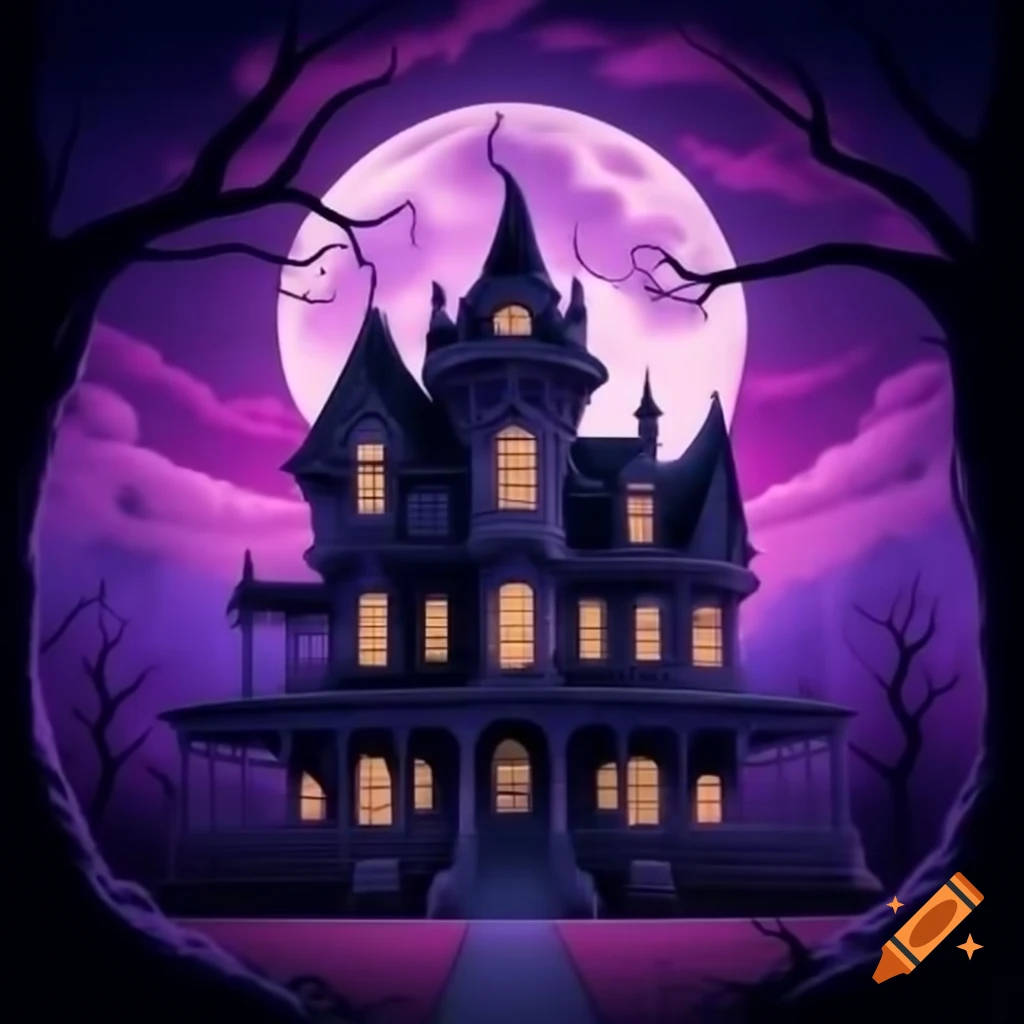Haunted mansion under purple sky with full moon