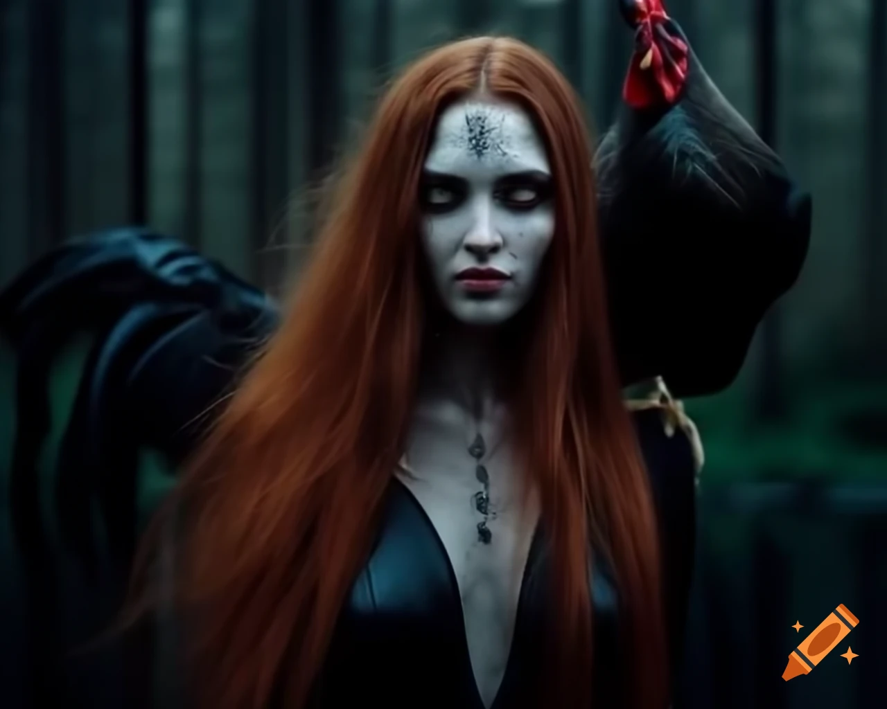 Scandinavian nature ambiance with ominous woods and mesmerizing lake, woman with copper hair and dark body suit