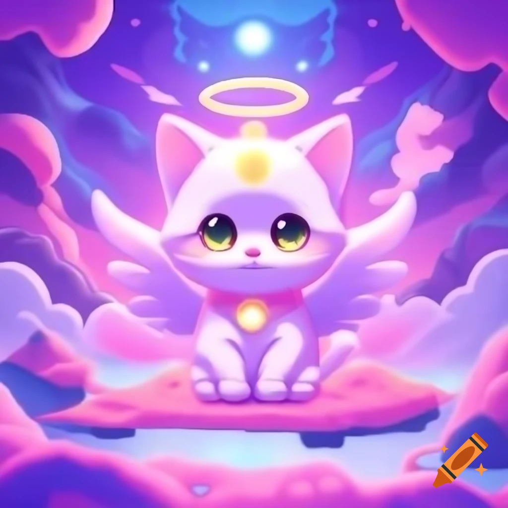 Cute angel kitten in anime style in pink and purple themed heaven