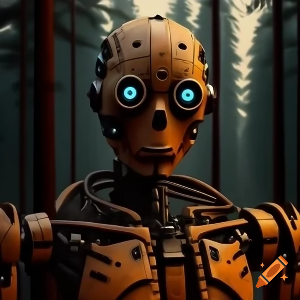 Wooden humanoid robot with glowing orange pupils and scorch marks in pine forest