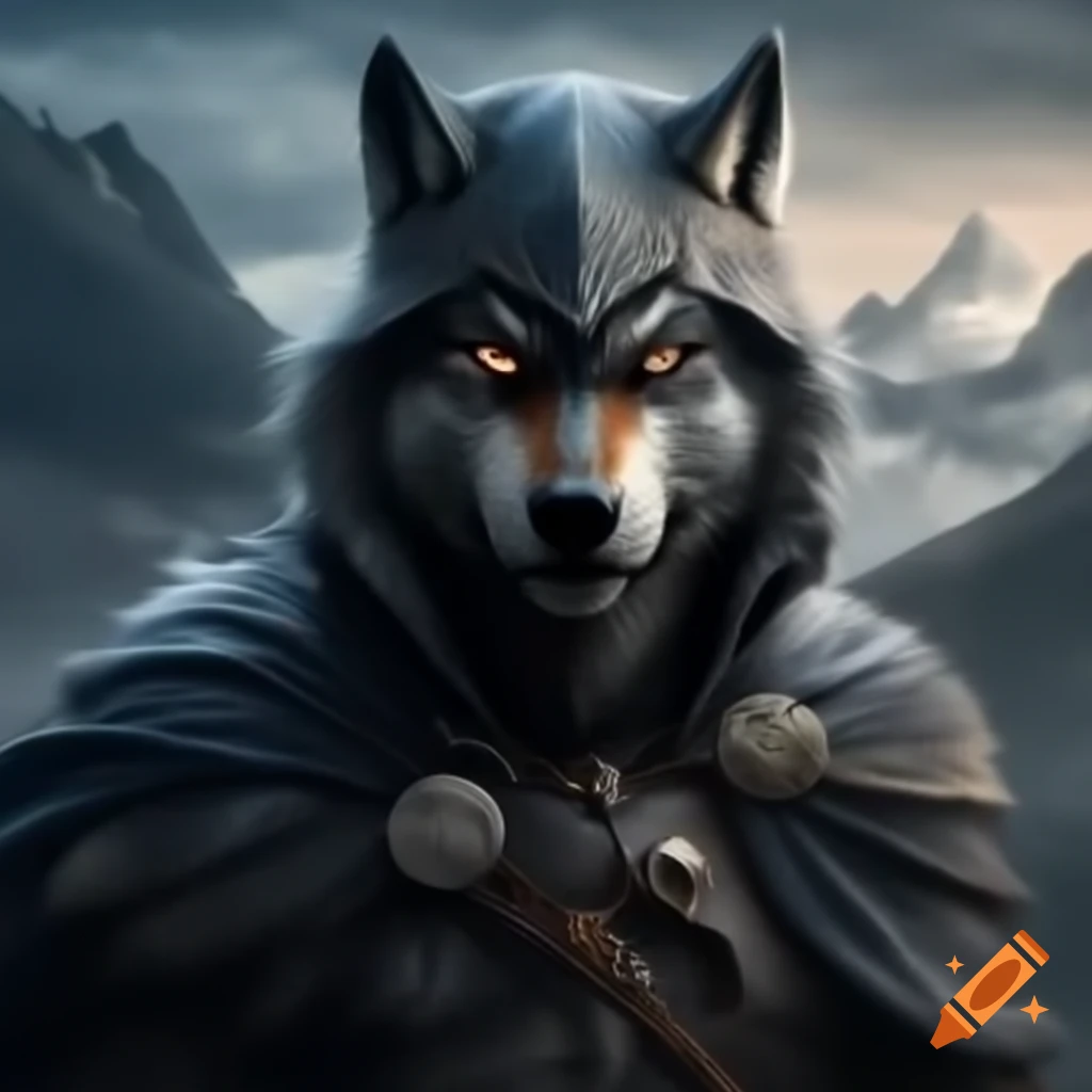 Superhero wolf with cape and mask posing on mountain peak