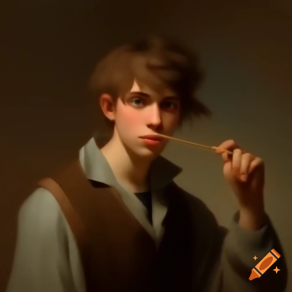 Young man resembling 20th century French painter holding magical wand