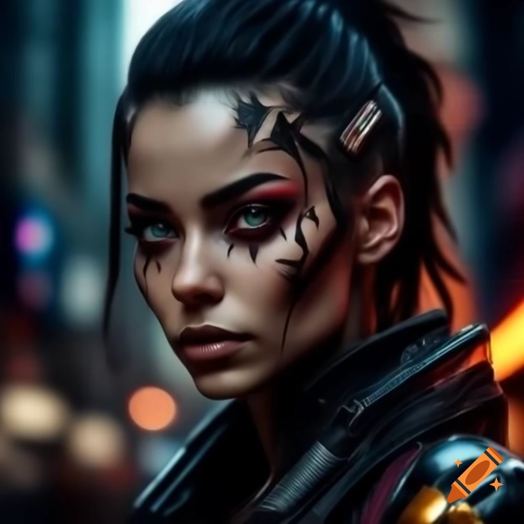 Photo-realistic portrait of a person with cybernetic enhancements in a cyberpunk city