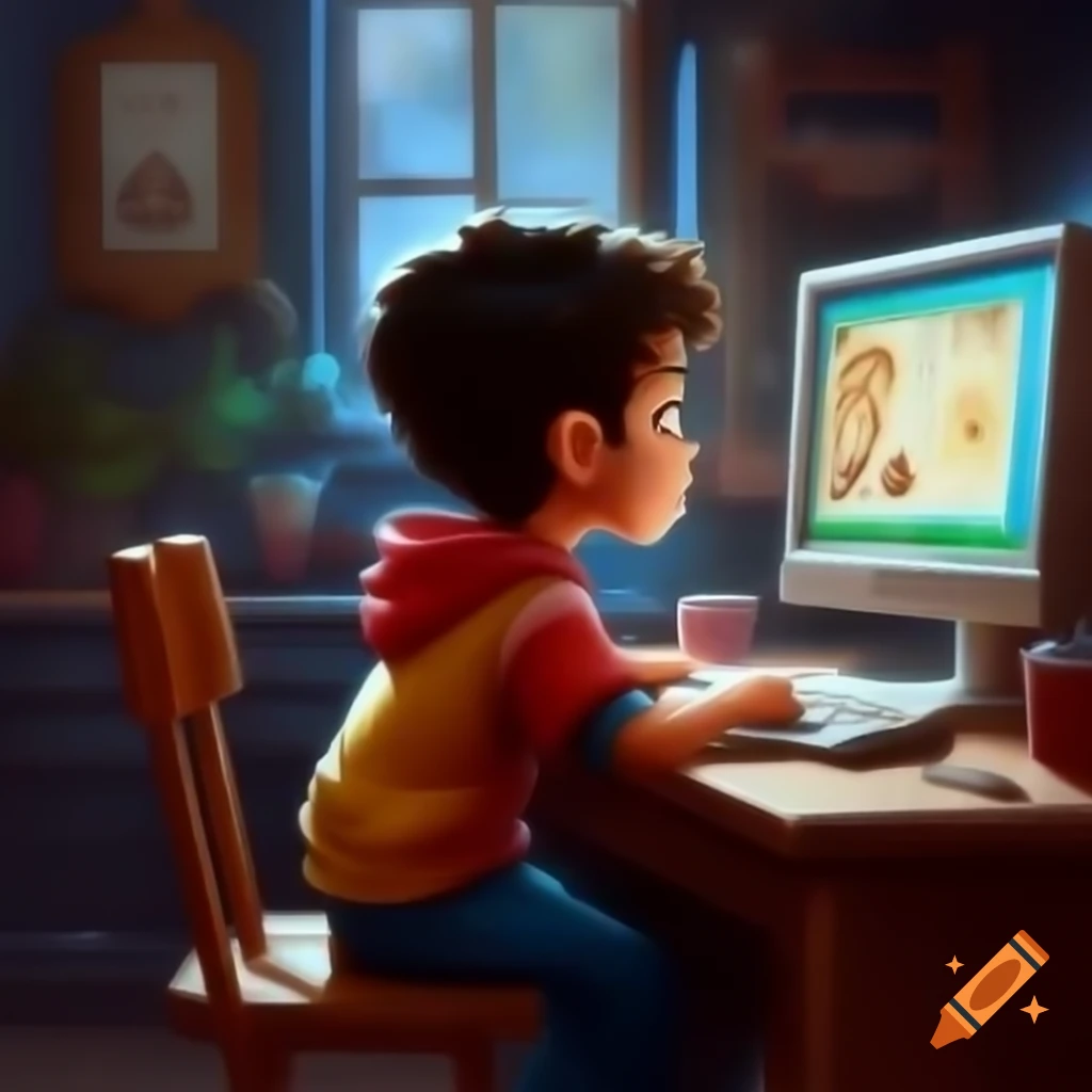 Child learning Arabic from computer at home