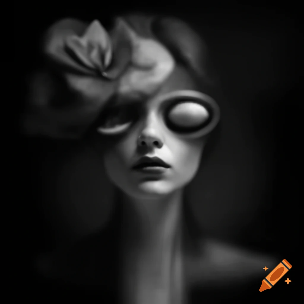 Surreal monochrome artwork featuring abstract elements