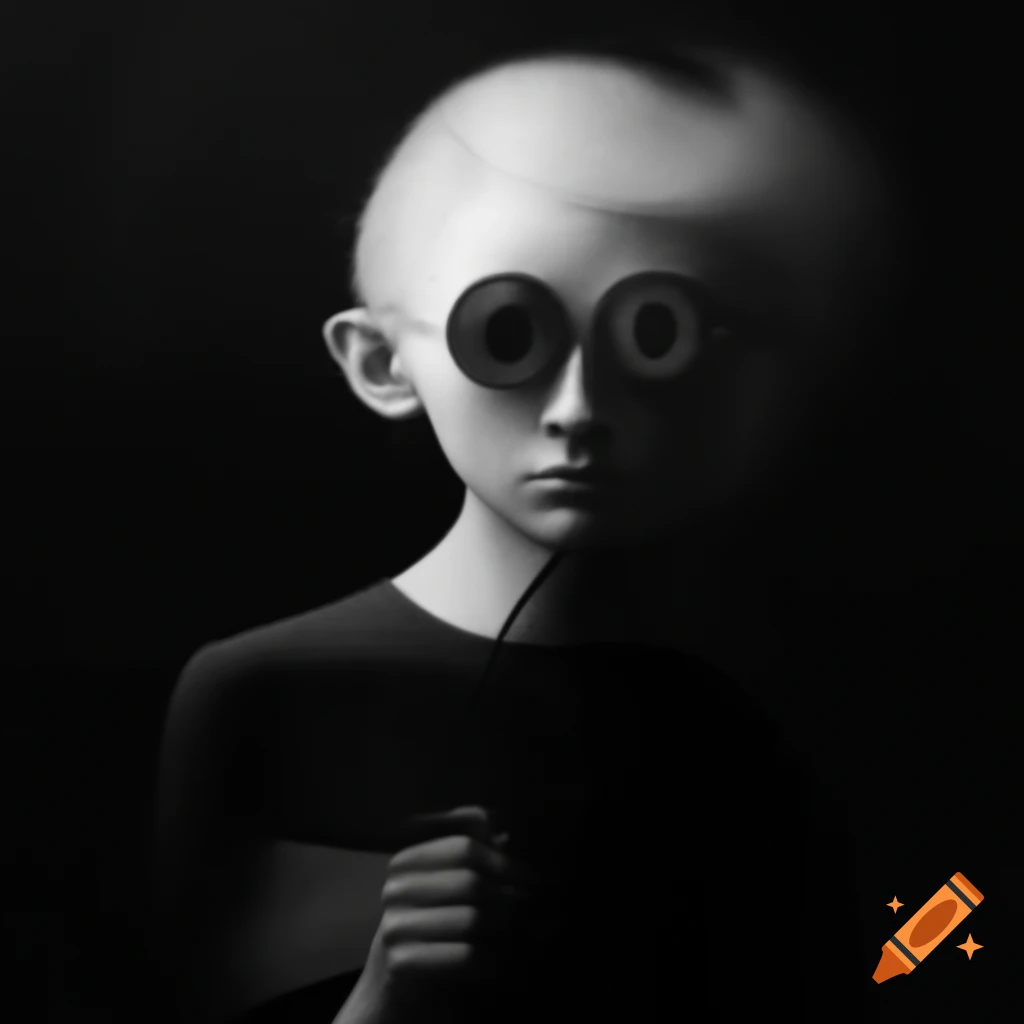 Surrealist monochrome artwork featuring abstract elements