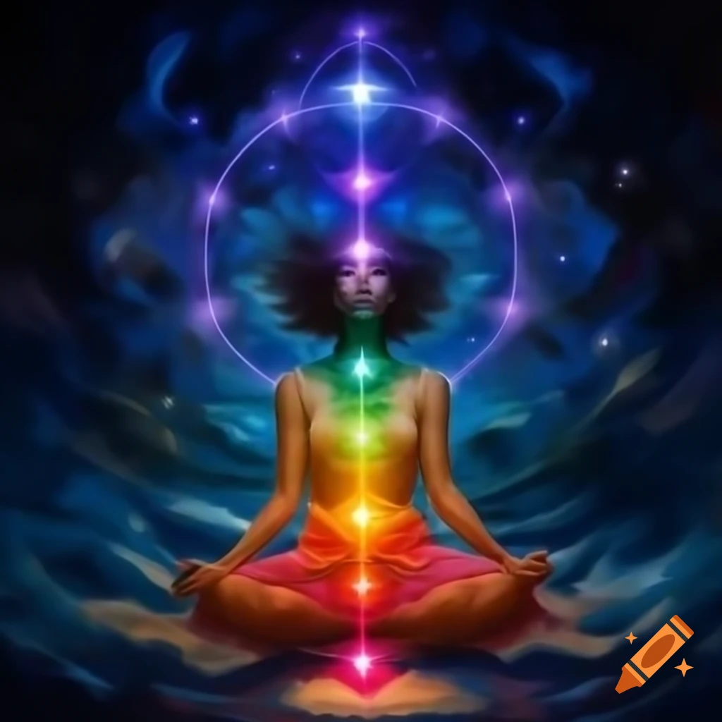 Album artwork of woman among stars with sacred geometry and glowing chakras