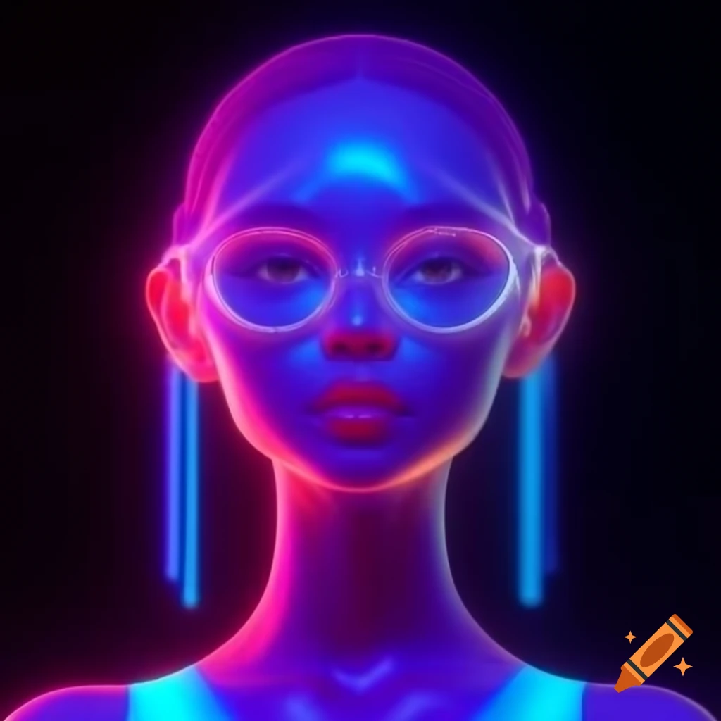 Holographic representation of a digital self in neon pink, purple, and blue colors
