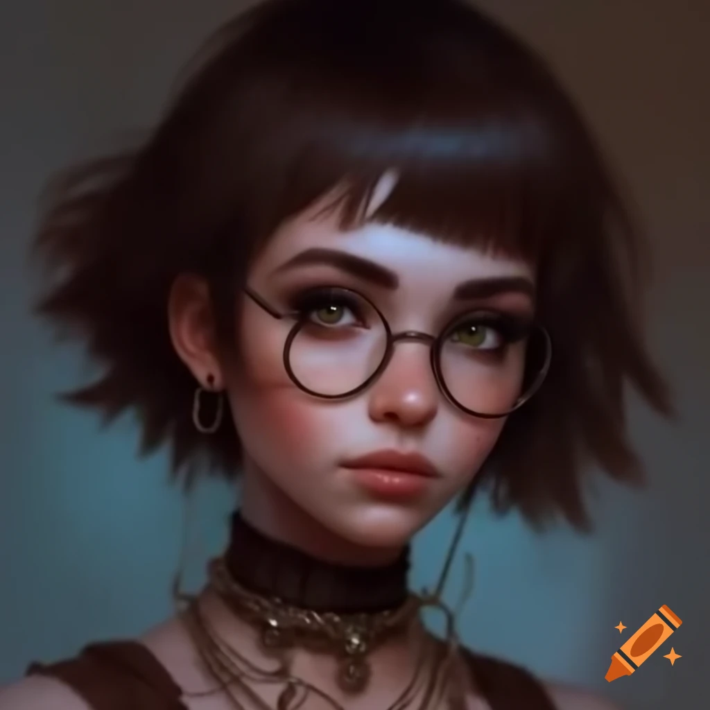 Steampunk woman with round face, brown hair, and vintage glasses featuring chains
